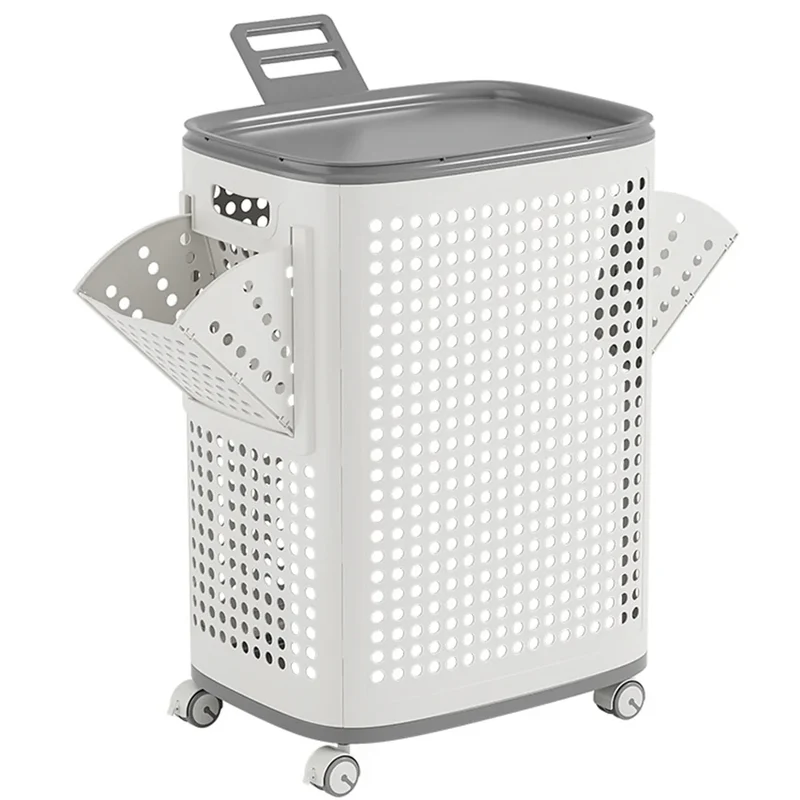 Cesto Portabiancheria con Ruote e Vani Laterali Estraibili 42x33x61,5 cm in PP Bianco
