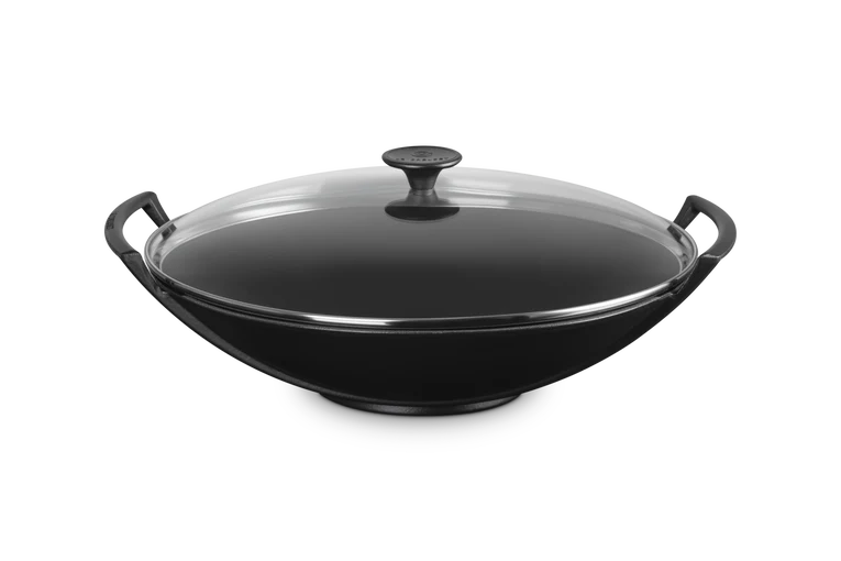 Wok in ghisa vetrificata con coperchio vetro - 36 cm, 4.5L Nero Matt