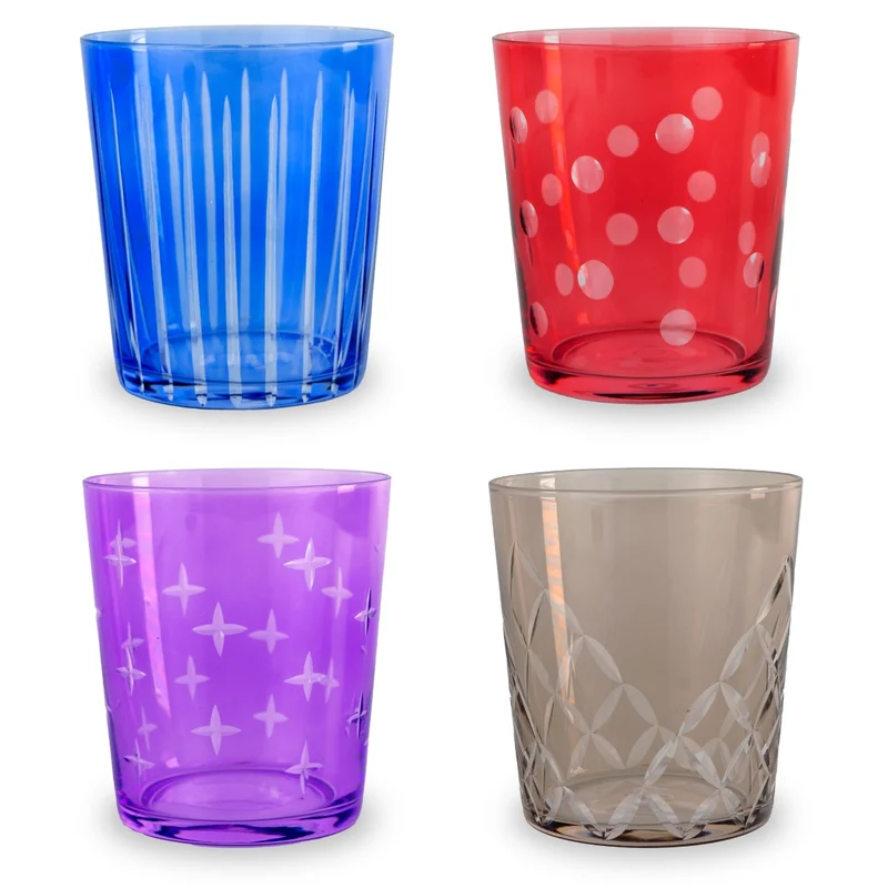 Set 4 bicchieri in vetro con molature - 300ml Decori misti