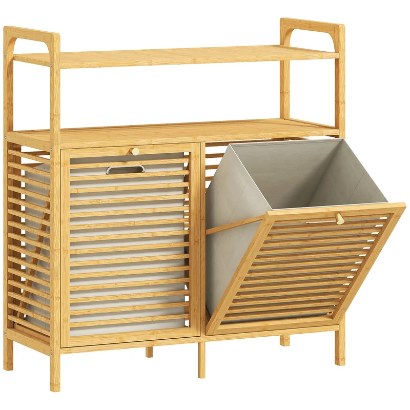 Mobile Bagno a Doghe con Cesti Portabiancheria 82x33x88 cm Capienza 41L in Bambù e Poliestere Crema
