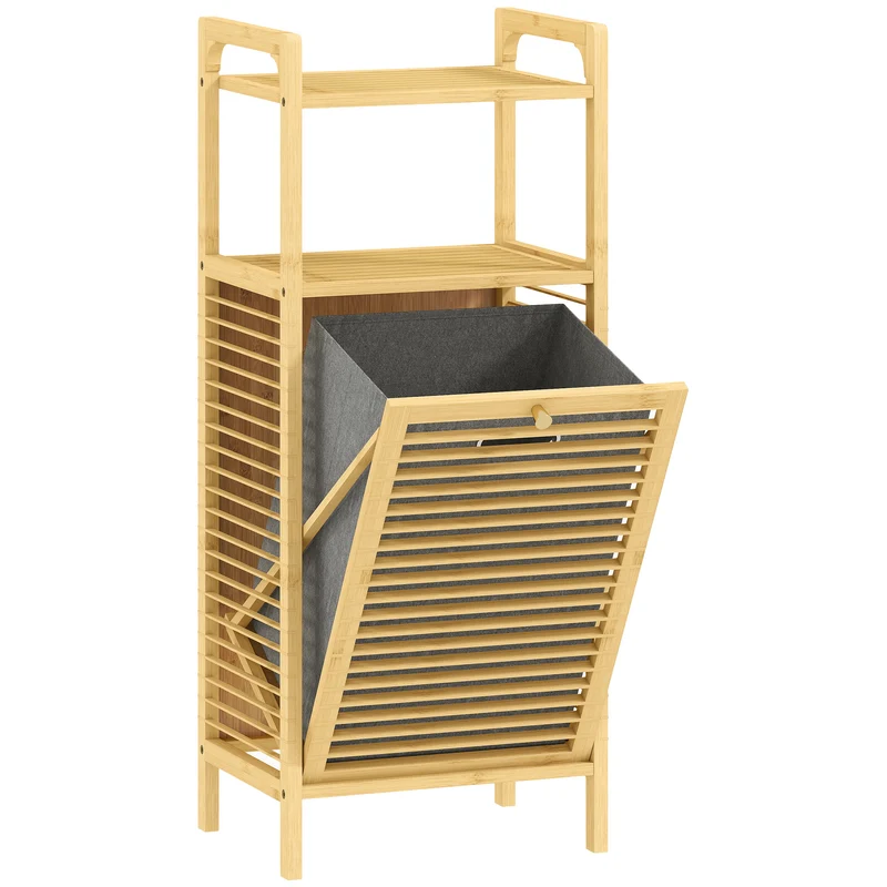 Mobile Bagno a Doghe con Cesto Portabiancheria 40x30x95 cm Apertura a Ribalta in Bambù e Poliestere Grigio e Legno