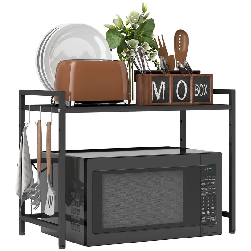 Mensola Porta Microonde Estensibile a 2 Livelli 39,5-64x32x47,5 cm in Metallo Nero