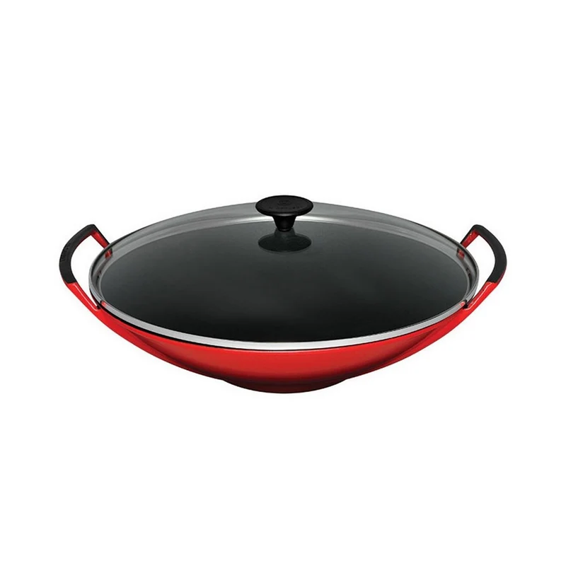 Wok in ghisa vetrificata con coperchio vetro - color ciliegia - 36 cm