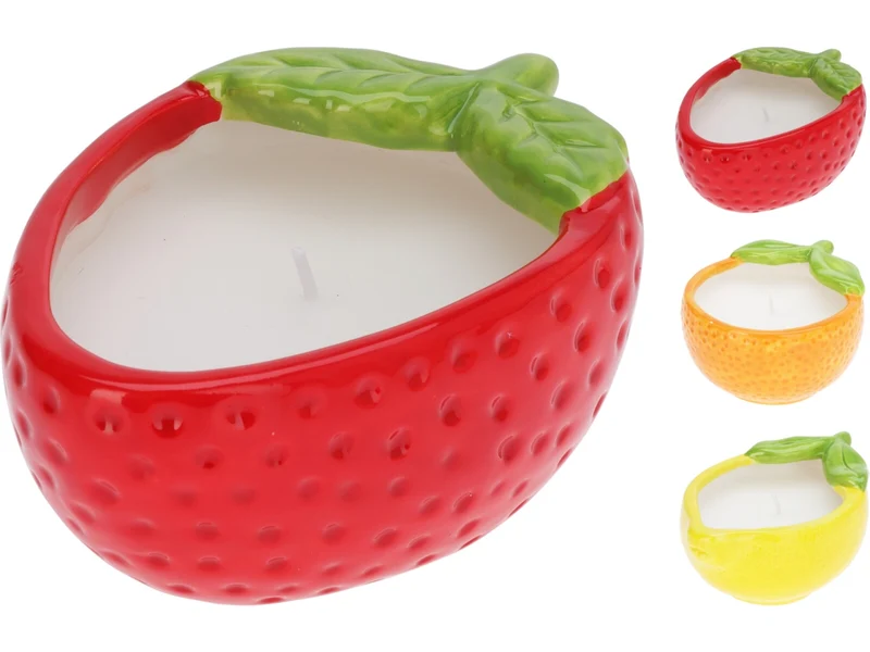 Candela in vasetto con decoro frutta 13x9x6cm