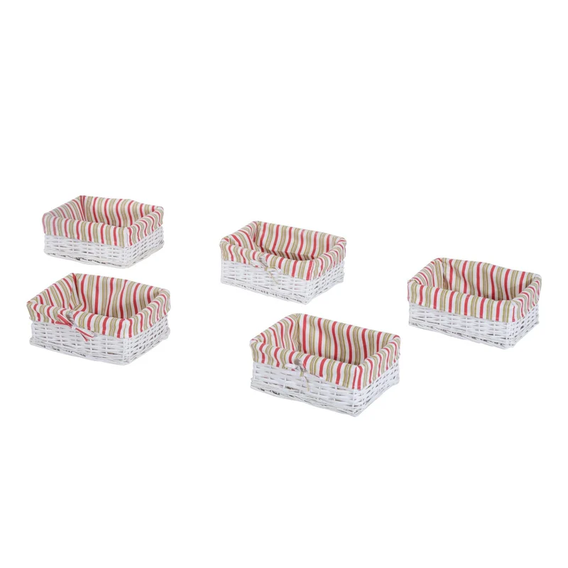 Mobiletto Cassettiera con 5 Ceste in Legno Vimini e Tessuto Bianco 40x29x90 cm