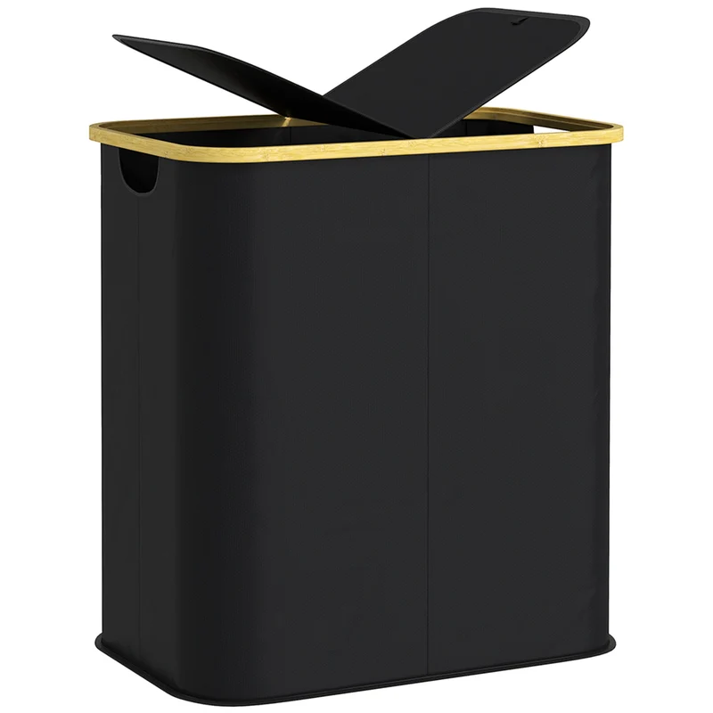 Cesto Portabiancheria da 80L a 2 Sezioni con Coperchio 54x34x58,5 cm in Tessuto non Tessuto e Bambù Nero