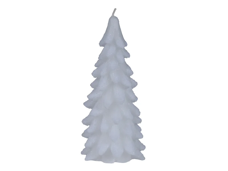 Candela di cera d.9,5x20cm a forma di albero glitterata bianca