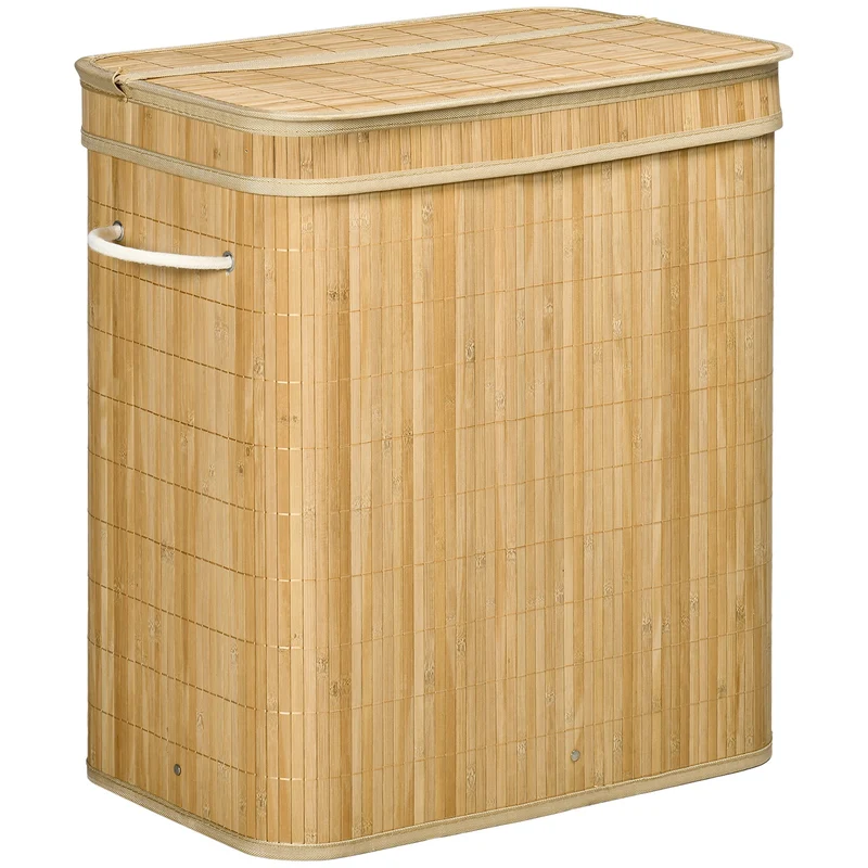 Cesto Portabiancheria da 90L Pieghevole con 2 Scomparti 54,2x35,2x59,5 cm in Bambù
