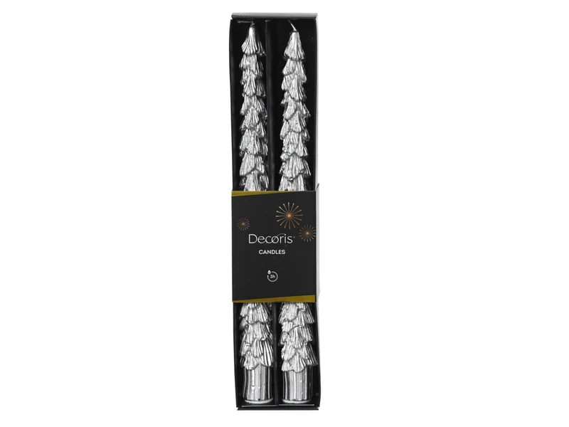 Candela a forma di pino argentato in cera d.2,2xh.25 cm, set da 2 pezzi - Decoris Candles