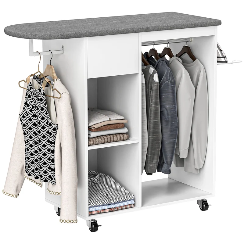 Mobile Asse da Stiro 125x43,5x112 cm con Ruote Barra per Abiti e Ripiani Bianco