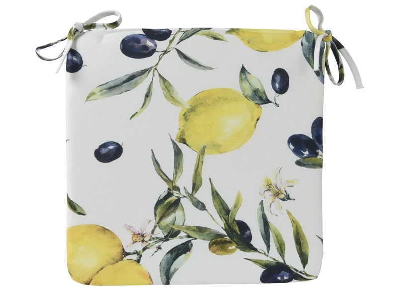 Cuscino per sedia da esterno in poliestere riciclato con stampa limone con laccetti misura 40x40xh.4cm