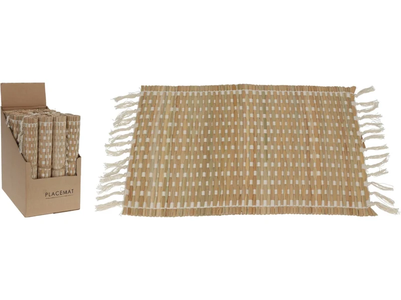 Tovaglietta Rettangolare in Rattan Intrecciato con Bordi Sfrangiati, stile Boho - Koopman H&S - 35x45cm