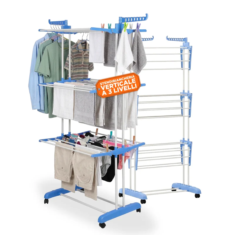 Stendibiancheria Verticale a 3 Livelli in Ferro e PP, Estensibile e con Ruote Pivottanti – L105xP64xA173cm, Portata 20kg