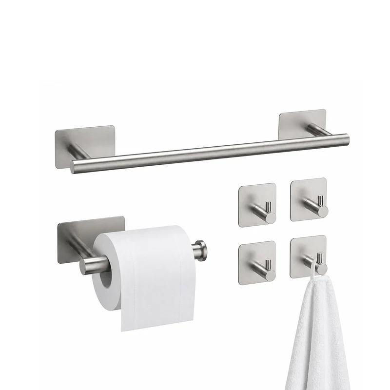 Set 5 Accessori Bagno Adesivi Nero in Acciaio Inox Portata 2,5kg - Completo di Porta Rotolo e Ganci per Asciugamani