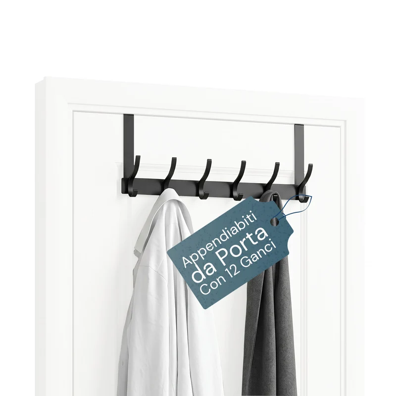 Appendiabiti da Porta in Alluminio con 12 Ganci, Portata 10kg – Adatto Per Porte Spesse da 4,1-4,5 cm
