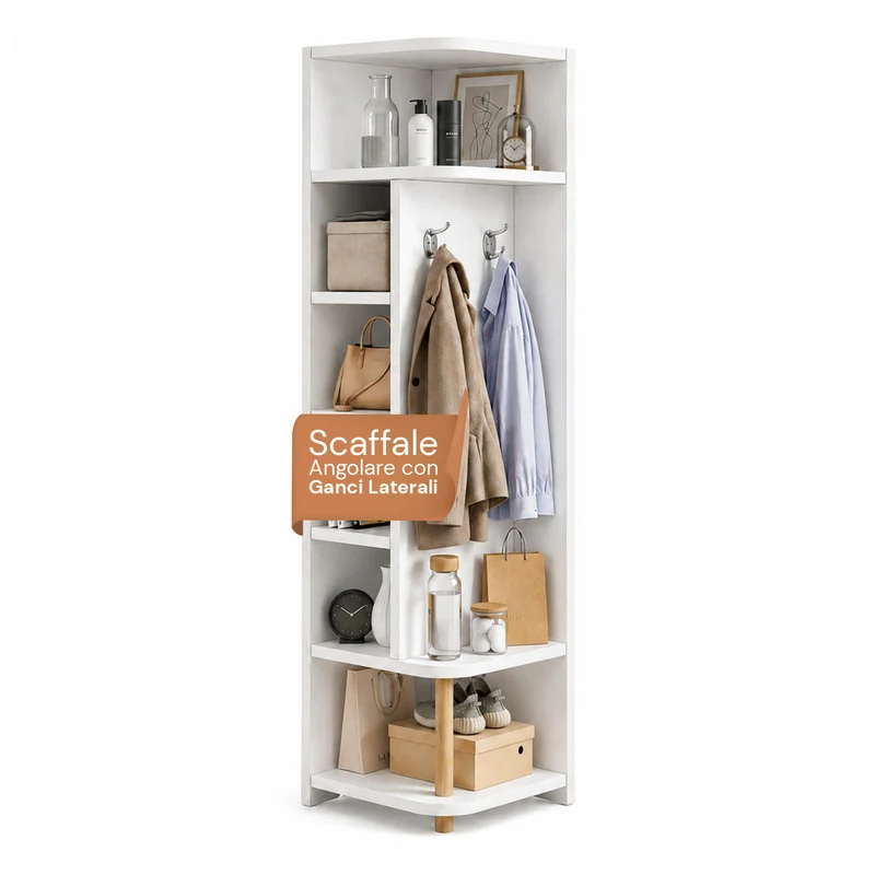 Scaffale Angolare in MDF Bianco a 7 Livelli 180x30x30 cm – ad Alta Capacità di Carico