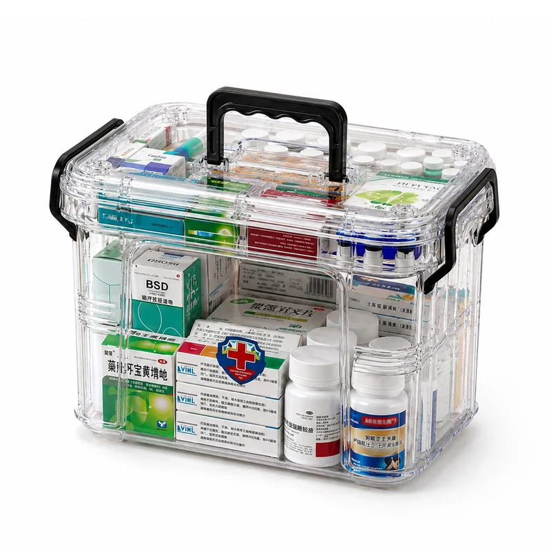 Organizer per Farmaci Trasparente a 2 Livelli con Maniglia e Chiusura a Clip - 8 Scomparti Superiori 23,5x17x13,5 cm