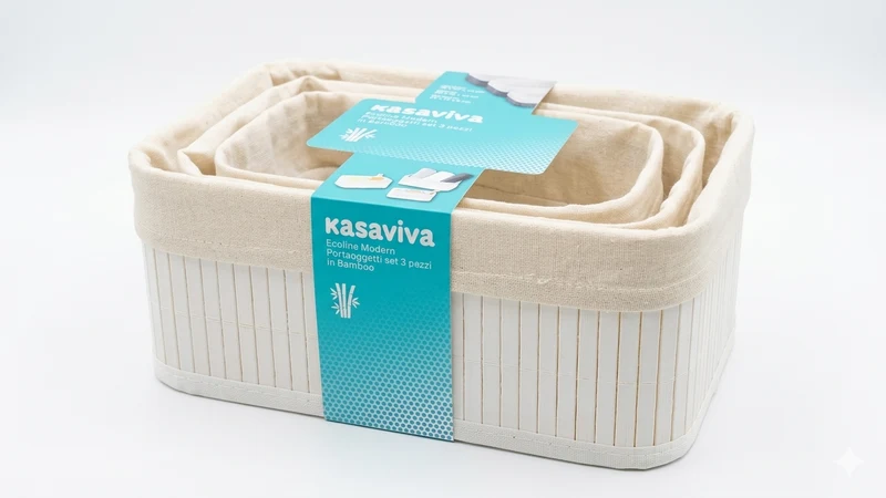 Kasaviva Ecoline Modern Set 3 Portaoggetti in Bamboo e Tessuto | Cesti Organizzatori per Bagno, Camera e Cucina | Contenitori Salvaspazio in 3 Misure | Design Naturale Bianco