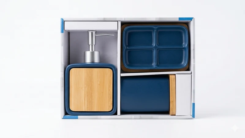 Kasaviva Set Bagno Square 3 Pezzi Shabby | Dosatore Sapone, Porta Spazzolini e Porta Saponetta | Ceramica e Legno di Bamboo | Design Moderno Eco-Chic | 3 Colori Disponibili