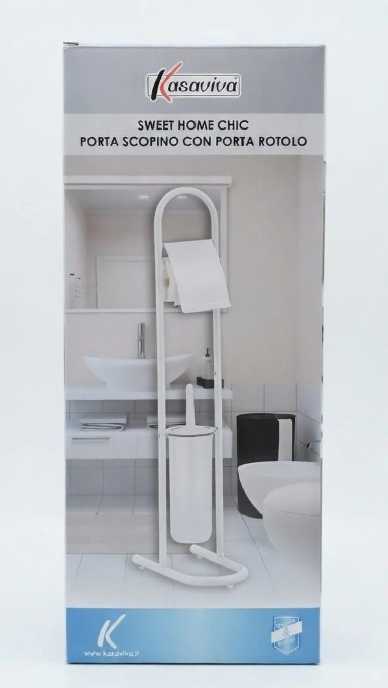 Kasaviva Sweet Home Chic Piantana Bagno 2 in 1 | Porta Scopino con Porta Rotolo Integrato | Design Moderno Salvaspazio | Disponibile in Bianco o Grigio Scuro