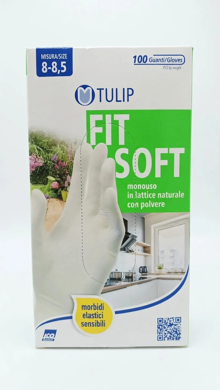 Tulip Fit Soft Guanti Monouso in Lattice Naturale con Polvere 100 Pezzi | Misura L (8-8,5) | Elastici e Sensibili per Uso Domestico