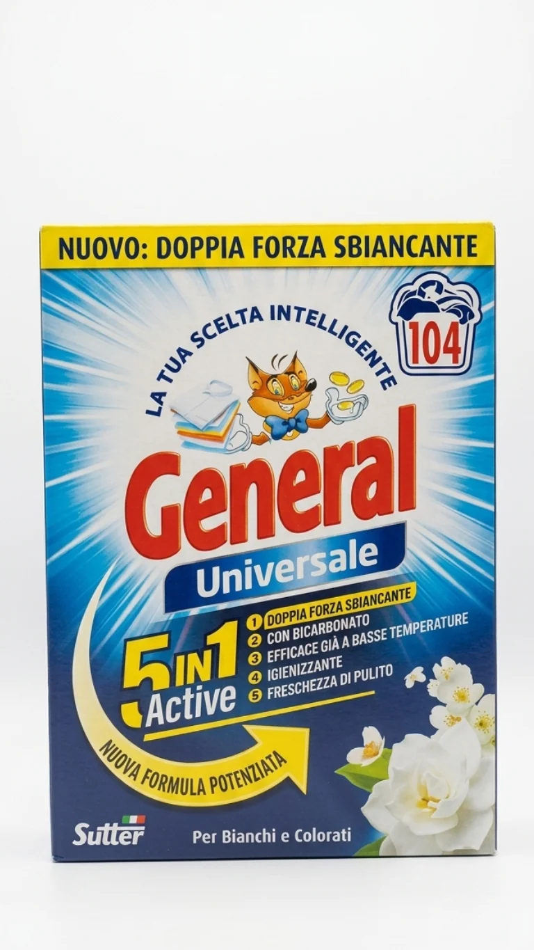 General Universale Polvere Detersivo Lavatrice 5 Azioni in 1 Maxi Formato 104 Misurini 4,68kg