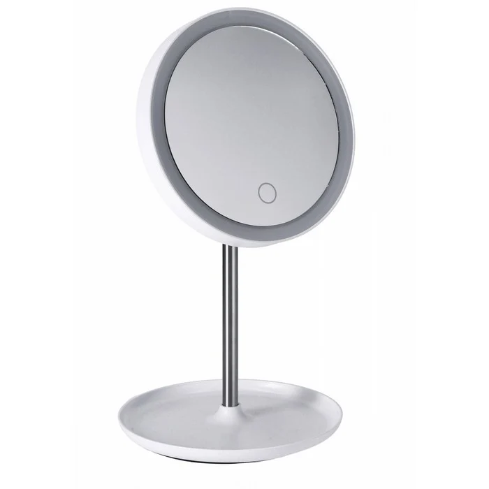 Specchio tondo per trucco con LED e portaoggetti