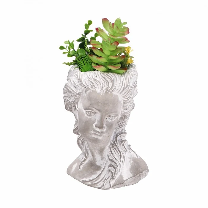 Vaso a forma di testa con piante artificiali 34 cm