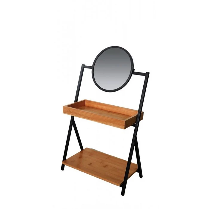 Mensoliera industrial in metallo e bamboo con 2 ripiani e specchio