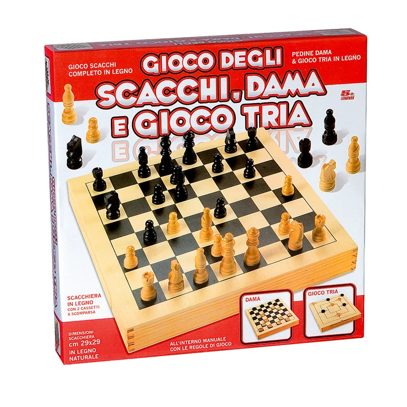 Scacchi + Dama +Tria In Legno Gioco Da Tavolo