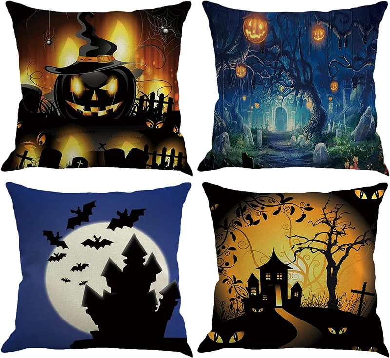GLAITC Federa per Cuscino di Halloween,4 Pezzi Fodere per Cuscino di Halloween Cuscino Spaventoso Fodera per Cuscino Decorativo Fodera per Cuscino con Zucca Bat Witch per bomboniere di Halloween