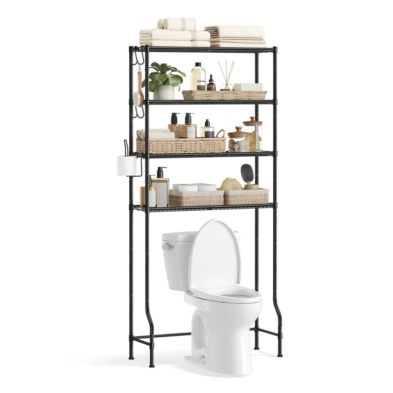 Scaffale sopra WC con Ripiani Regolabili e Portarotolo in Metallo