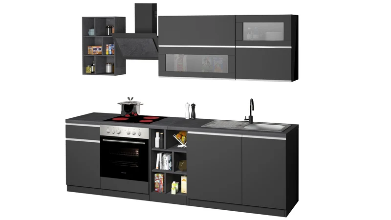 Cucina Lineare Moderna Antracite SOLE 256 cm – Soft Close, Lavello Incluso, Made in Italy