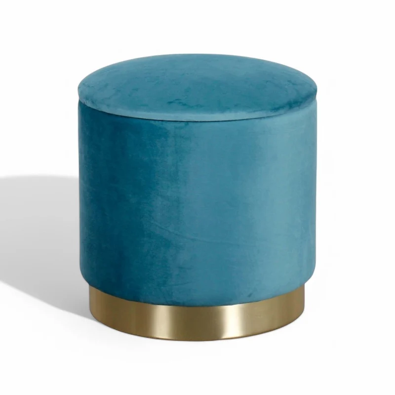 Pouf contenitore rotondo in velluto ottanio con diametro 37xH40 cm