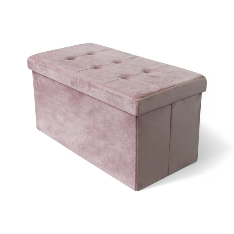 Pouf contenitore rettangolare in velluto rosa con coperchio imbottito 76x38xH38 cm
