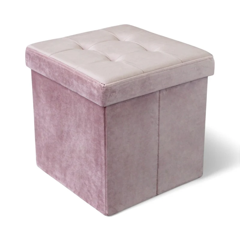 Pouf contenitore quadrato in velluto rosa per arredamento salotto 38x38x38 cm