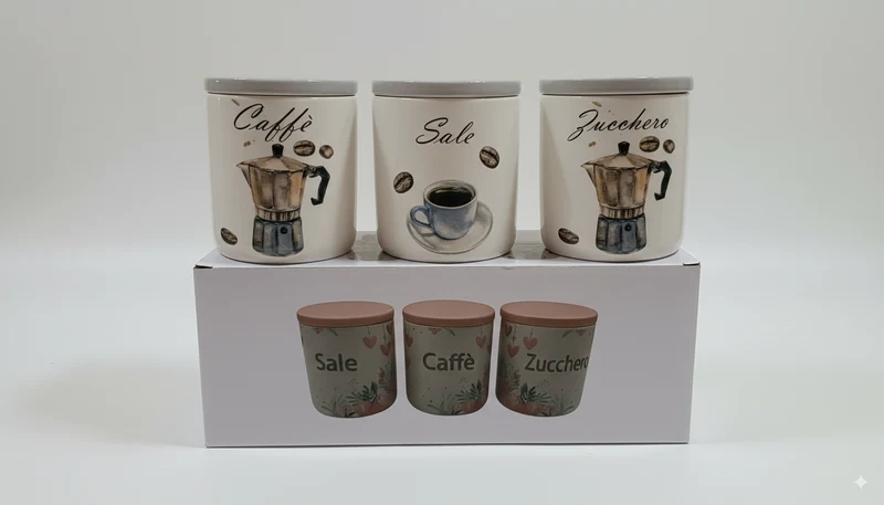 Tris Barattoli in Ceramica Decorati - Contenitori per Zucchero, Sale e Caffè. Moka 10x11,7 cm
