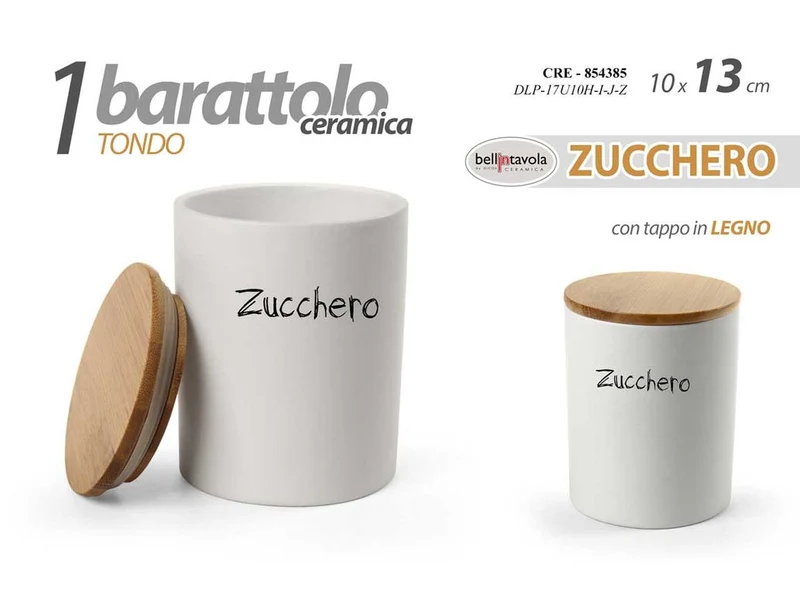 Barattolo Porta Zucchero in Ceramica Bianca - Contenitore Cucina con Tappo in Legno. D10xH13 cm