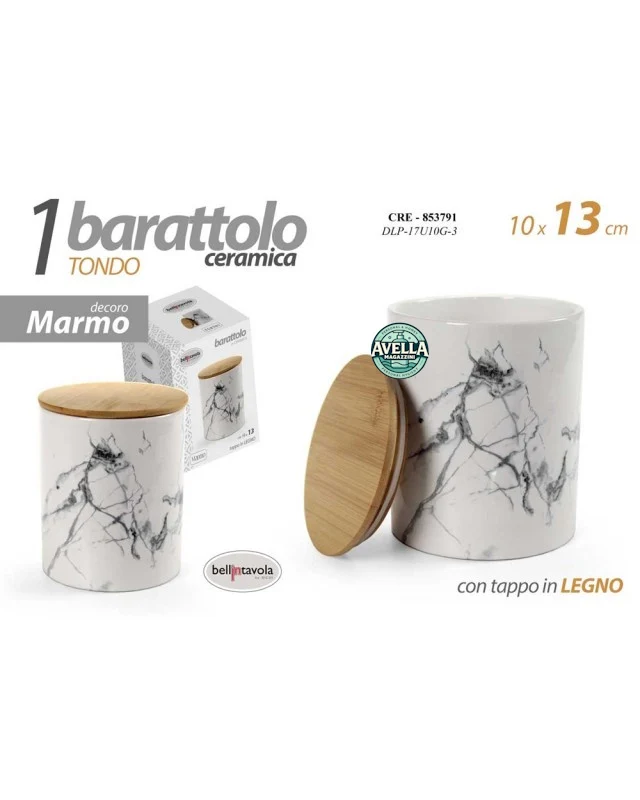 Barattolo in Ceramica con Tappo in Legno - Contenitore Effetto Marmo 10x13 cm. Design Moderno