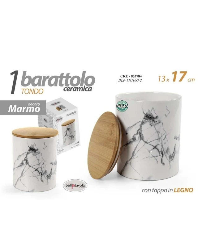 Barattolo in Ceramica con Tappo in Legno - Contenitore Effetto Marmo. Articolo di Design per la Casa