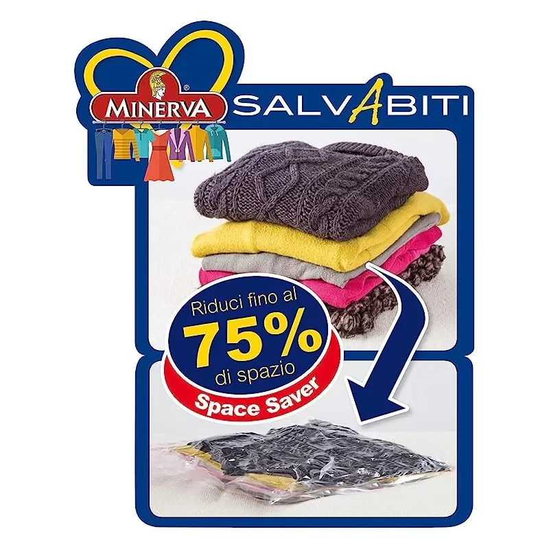 Minerva Salvabiti Sacchi Sottovuoto – Fino al 75% Meno Spazio | Varie Misure: 70x100 cm & 80x120 cm | Con Gancio Salva Abit