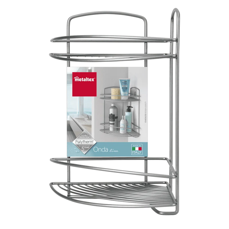 Metaltex Onda Silver Mensola Angolare 2 Piani | 22x22x35cm Metallo Cromato Effetto | Rivestimento Polytherm® Metallic | Made in Italy | Garanzia 5 Anni