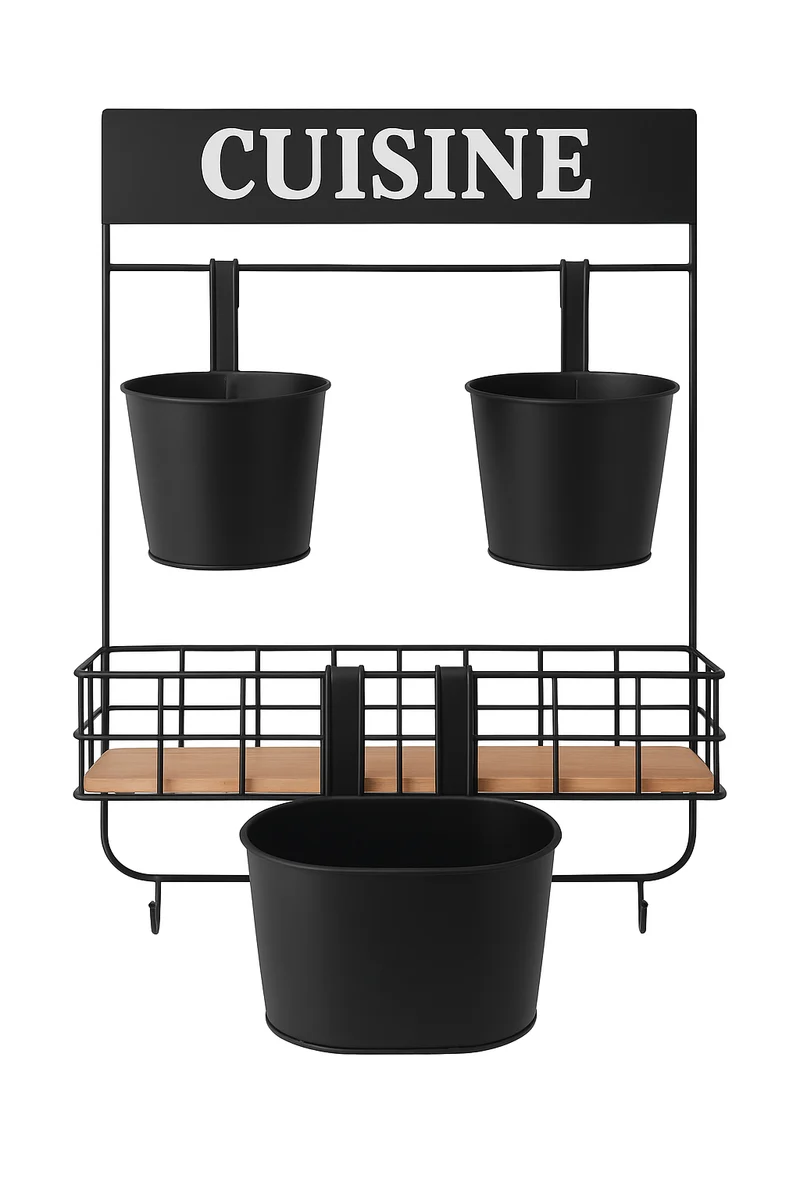 Porta Spezie e Utensili da Cucina Multifunzione | 3 Contenitori Metallo, Cesto & Ganci | Poggiamestoli Integrato | Salvaspazio 33x50cm | Organizer Cucina