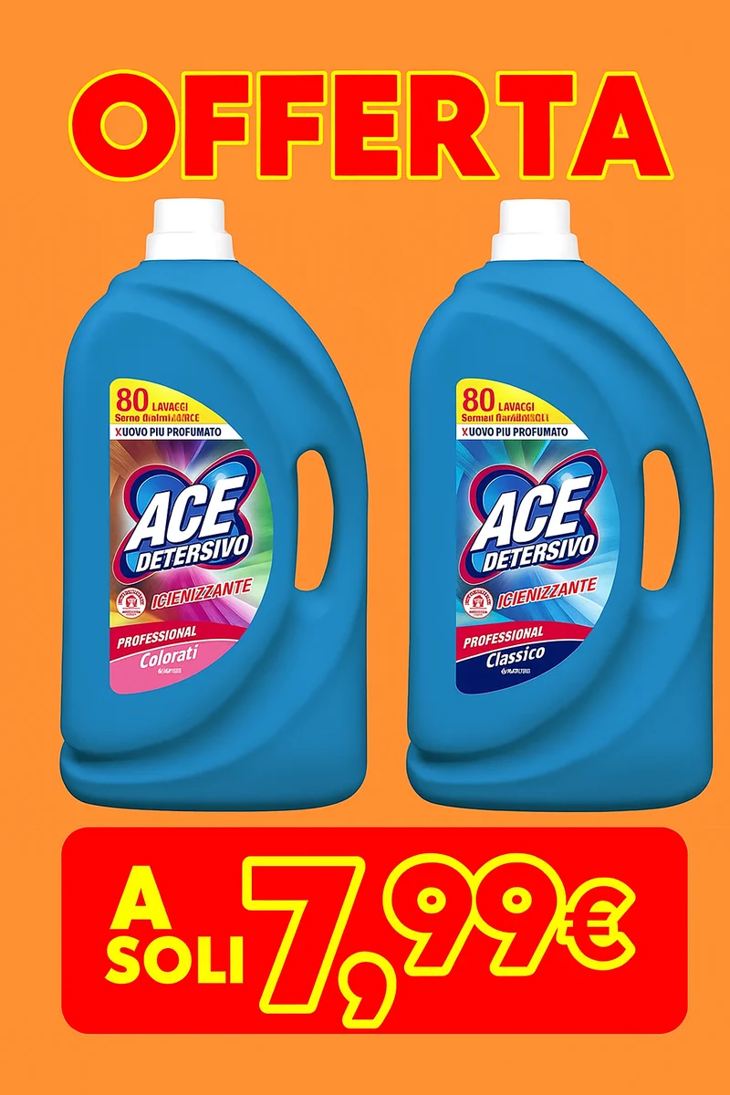 Ace Detersivo Igienizzante Professional - 4,0 LT - 80 Lavaggi - Varianti: Classico e Colorati