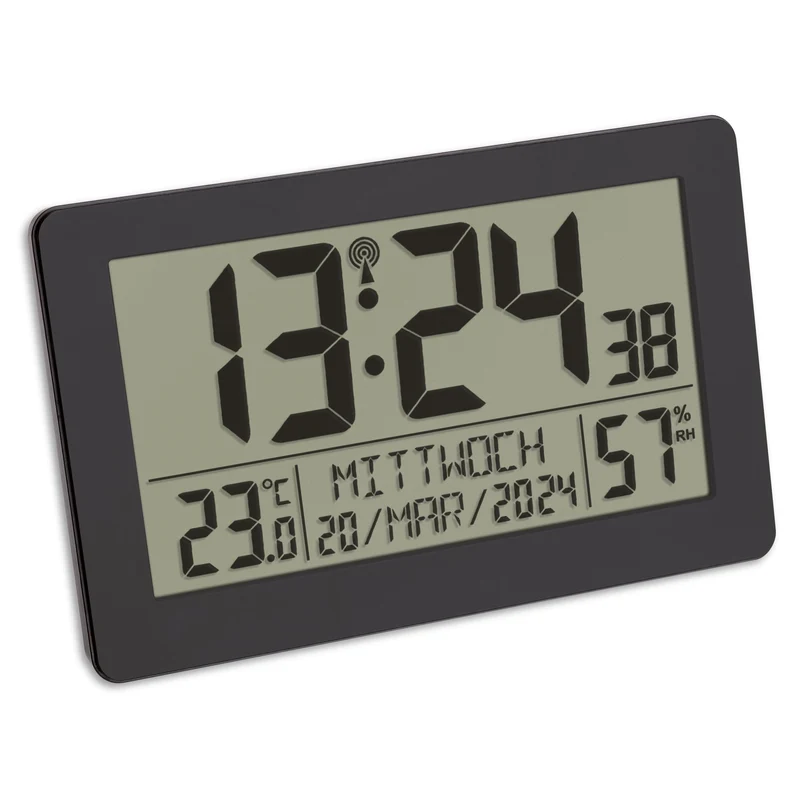 TFA Dostmann Orologio digitale radiocontrollato da parete, 60.2557.01, con allarme, ampio display, con indicazione della temperatura, data, giorni della settimana anche in italiano