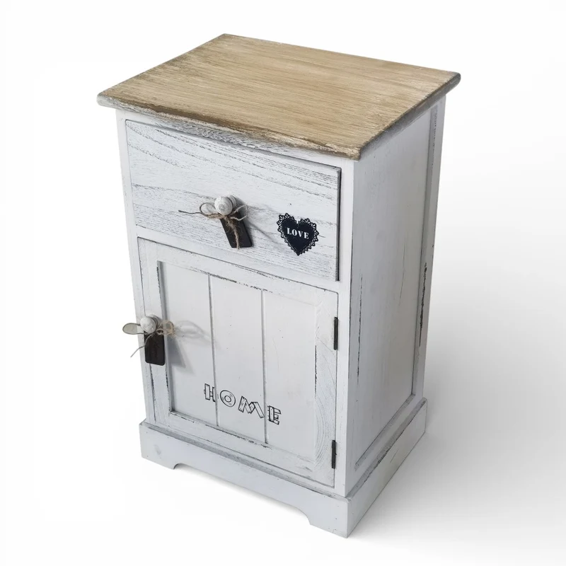 Mobile mobiletto comodino bianco e beige con 1 cassetto e 1 anta 35x28xH56 cm