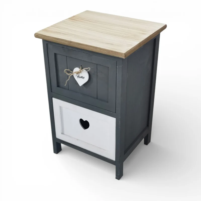 Comodino mobile in legno con 2 cassetti decorati antracite e bianco 30x28xH45 cm