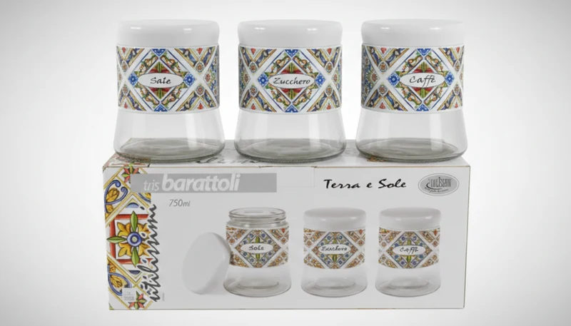 UTILISSIMI Tris Barattoli Terra e Sole 750 ml | Set 3 Barattoli Sale, Zucchero e Caffè | Design Maiolica Mediterranea | Vetro e Ceramica di Alta Qualità