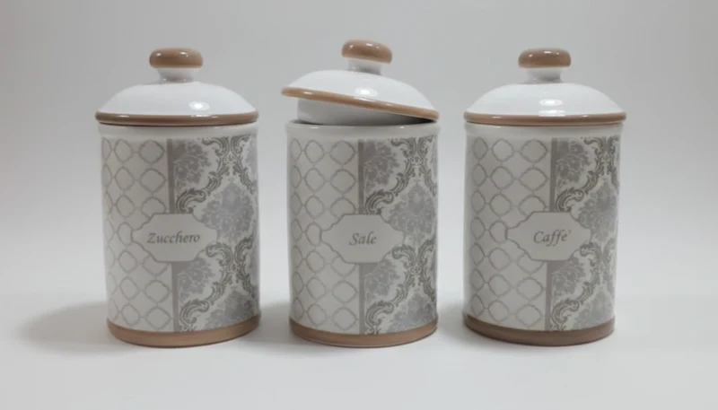 REGAL Set 3 Barattoli in Porcellana Decorata Sale Zucchero Caffè | Design Shabby Chic Damascato | Contenitori Ermetici di Pregio