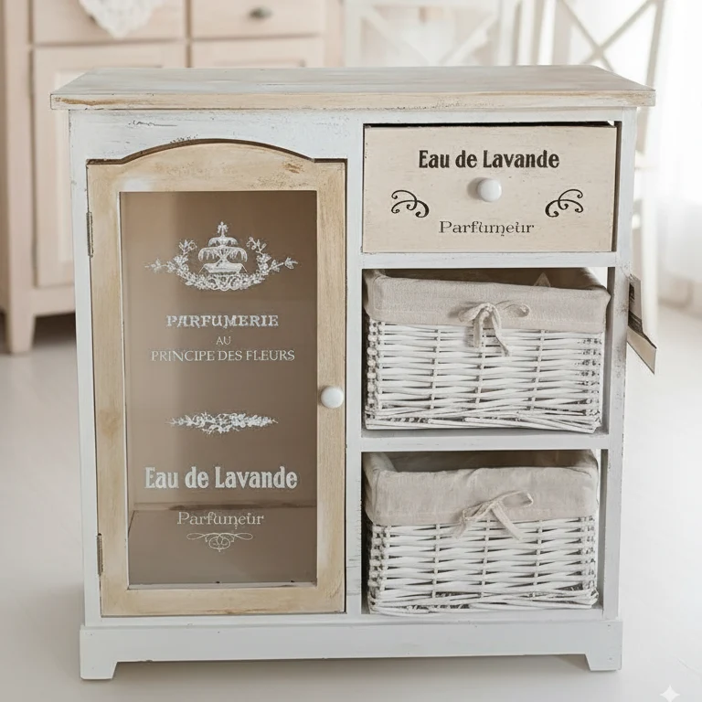 Mobiletto in Legno e Salice STAR – Vetrina Shabby Chic con 3 Cassetti e Ceste Intrecciate – 60,5x28x63 cm